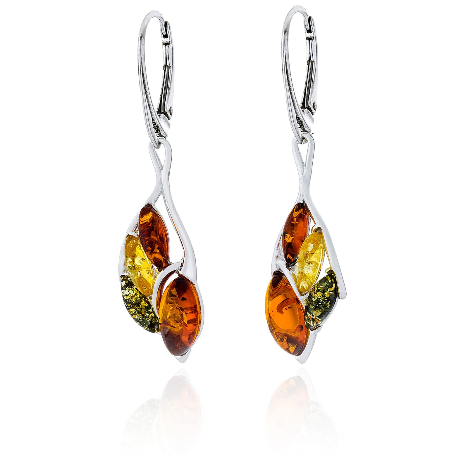 Orecchini da donna in argento sterling Sabine con ambra, argento sterling lucido, ambra baltica, colore cognac, verde, limone