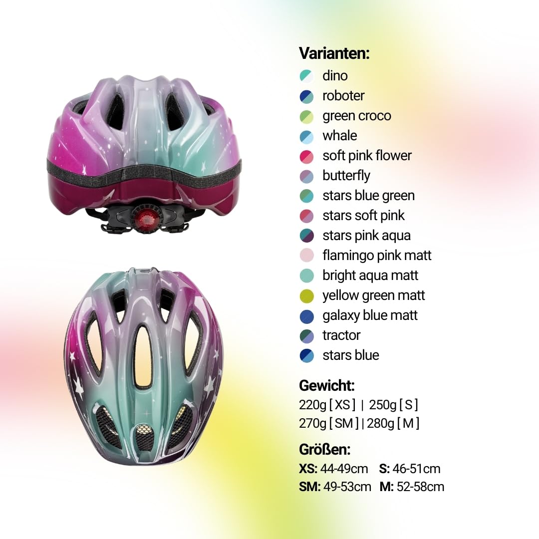 Meggy II Trend 2024 - Casco da bicicletta per bambini, prodotto in Germania, con luce posteriore a LED, solo 220 g, sistema di regolazione QuickSafe e protezione dagli insetti