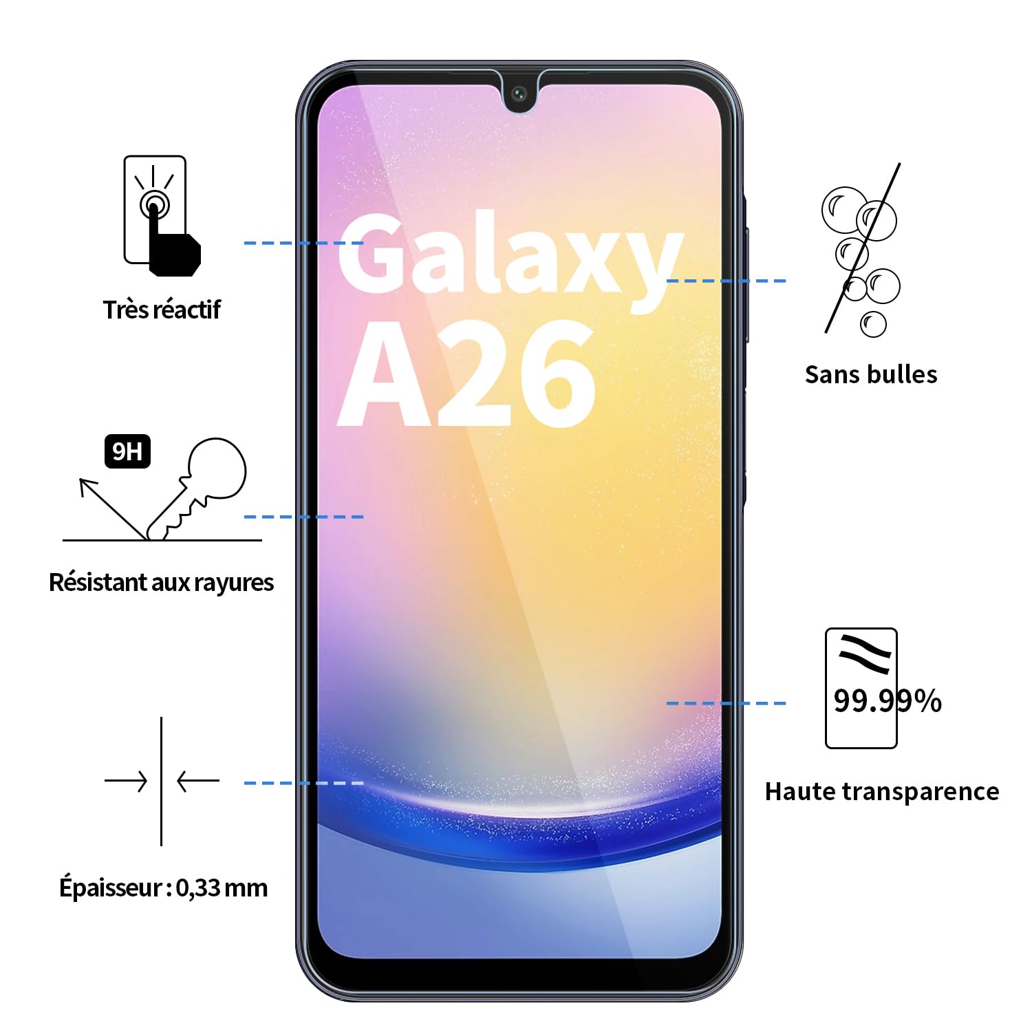 [Lot de 3 Verre Trempé pour Samsung Galaxy A17 / A16 / A26 5G | Film Protection Haute Transparence,[Anti-Rayures], [Sans Bulles], [Installation Facile], Ultra Résistant Dureté 9H Glass