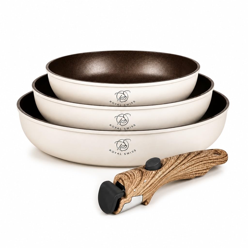Royal Swiss Lot de Poêles 4 Pièces Beige, 20/24/28 cm avec Manche Amovible, Revêtement Marbre Antiadhésif Sans PFAS PFOA, Induction Tous Feux, Compatible Four Sans Poignéec