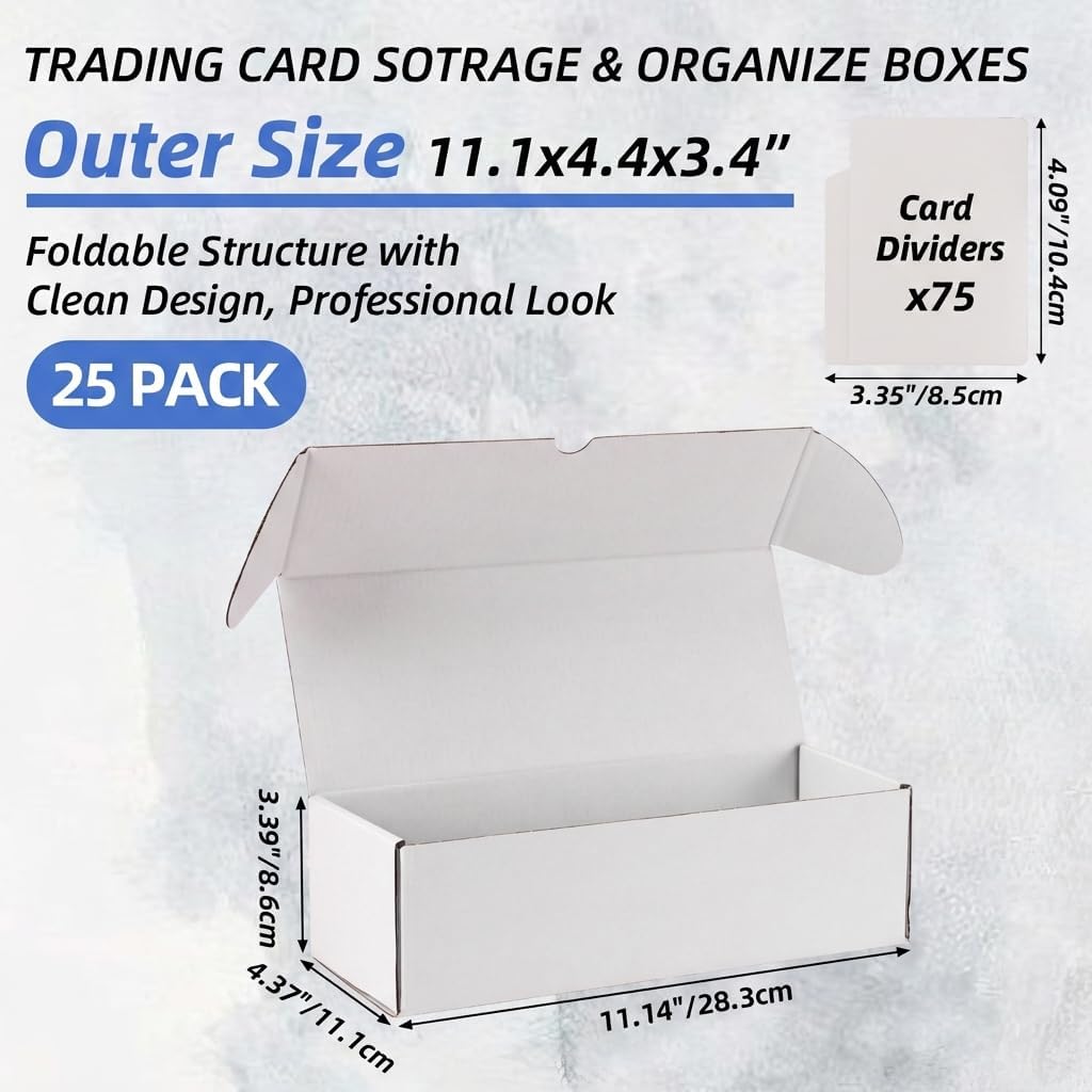 EXYGLO Trading Card Storage Box 25 Pack 520 Count 20pt with Dividers, 10.6x4.1x3.2 Inch Full White Cardboard Card Boxes for TCG/MTG/Sport Cards, Fit 3x4 Toploader Shipping or Storing 10.6"x4.1"x3.2" Double White