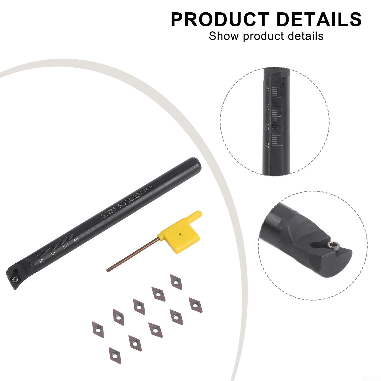 Drehwerkzeughalter S12M SDUCR07 12 mm mit DCMT0702 Hartmetalleinsätzen inkl. T8-Schraubenschlüssel für effizientes Metallschneiden