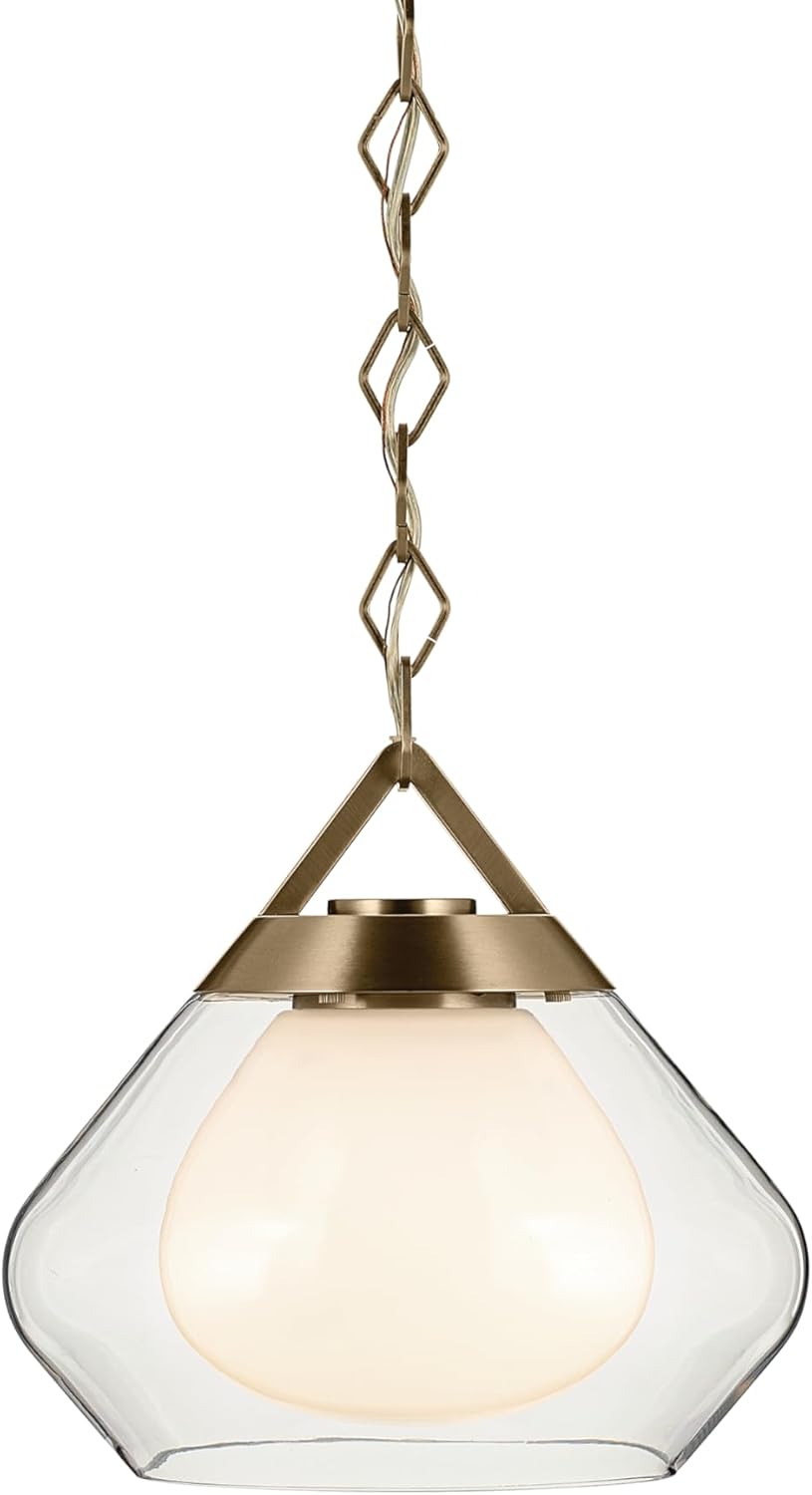 Kichler Nella 1-Light Pendant with Clear Outer Glass with Opal Interior Glass in Champagne Bronze, Sloped Ceiling Compatible, for Kitchen or Dining Room (10.75" x 12"), 52782CPZ