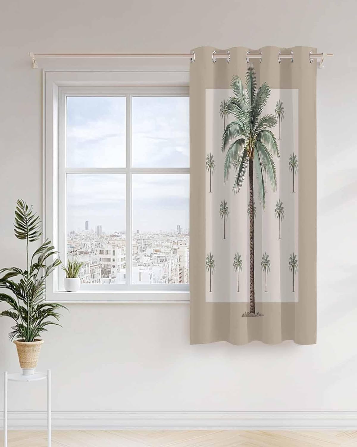 52x90 Inch Window Curtain Tropical Plant Palm Tree Brown Background Semi Sheer Grommet Curtain, Privacy Drapes Light Filtering for Bedroom Living Room Bathroom Window, Home Decor Window Treatment