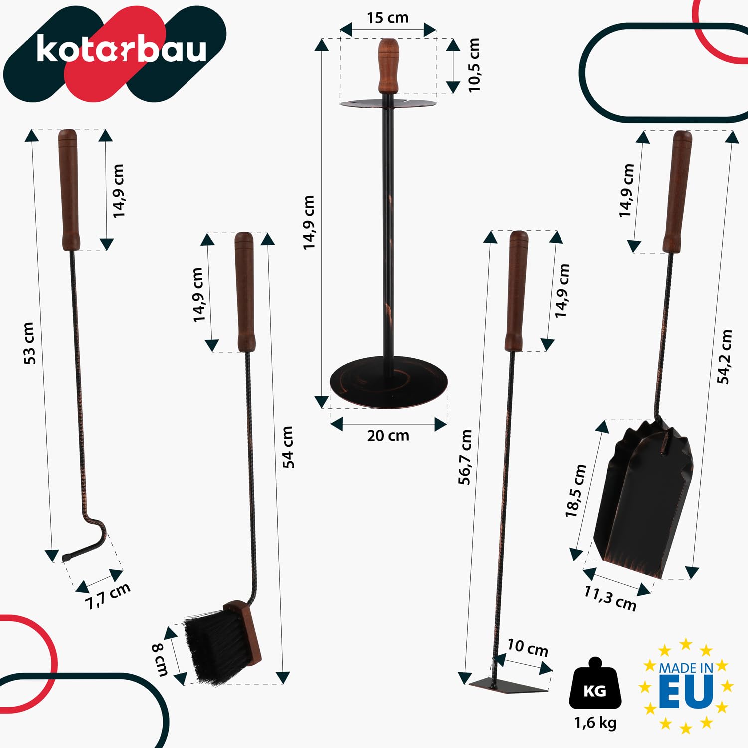 KOTARBAU® Kaminbesteck mit Ständer Set Kaminzubehör Kaminständer Schürhaken Aschekratzer Kohlenschaufel Besen Kamingarnitur Kaminset Ofenbesteck Schwarz