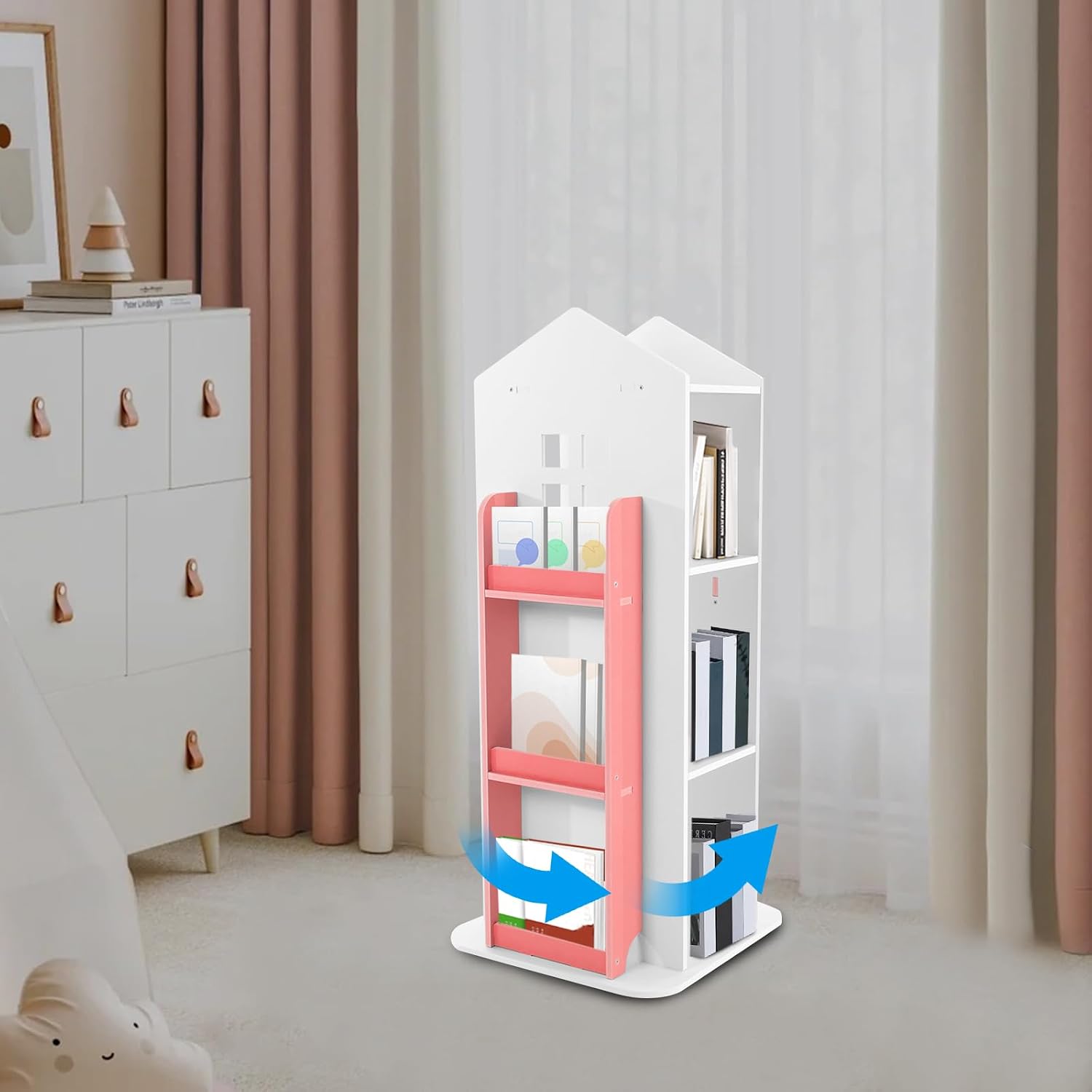 Kids Bookshelf 360° Castle Rotating Bookshelf Toy Storage Organizer Rack Revolving Corner Bookshelf for Kids Toddler Children Home Office Furniture Bookcase, Pink