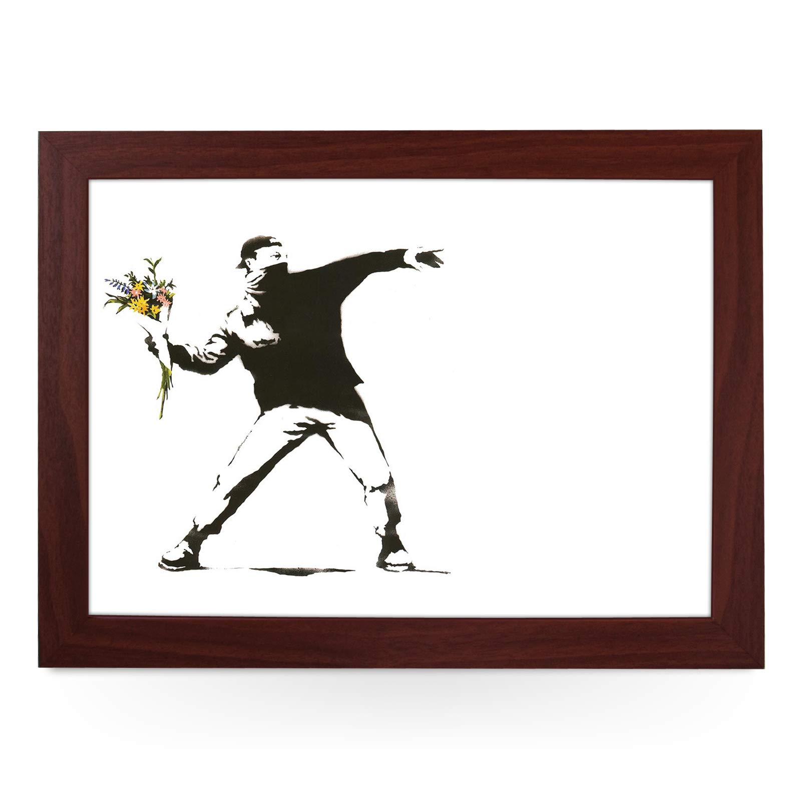 Yoosh Brown Portable Lap Desk Tray (Banksy Bouquet Grenade) Handmade Wooden Frame, Beanbag Cushioned Bottom | Computers, Laptops, Meals, Food | L0468