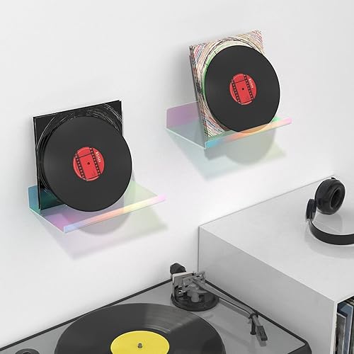 Miniatura 4 de NiHome Paquete de 2 estantes flotantes de acrílico iridiscente mediano con borde, estante de repisa arcoíris de 7.9 x 4.5 pulgadas, adhesivo y