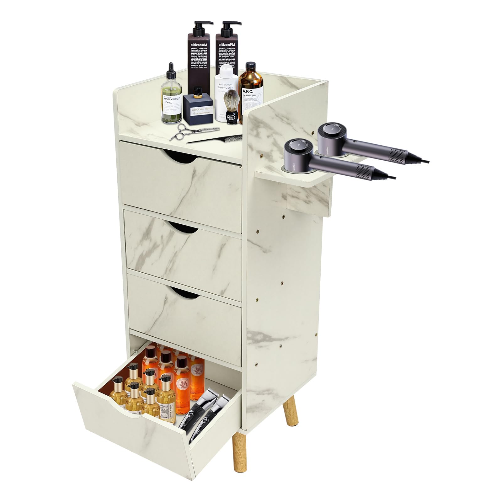 HuaShuani Salon Storage Cabinet with 2 Hair Dryer Holder, Barber Storage Cabinet Hair Stylist Station with 4 Drawers and Raised Table Legs for Beauty Spa Barber Shop (Marble Color)
