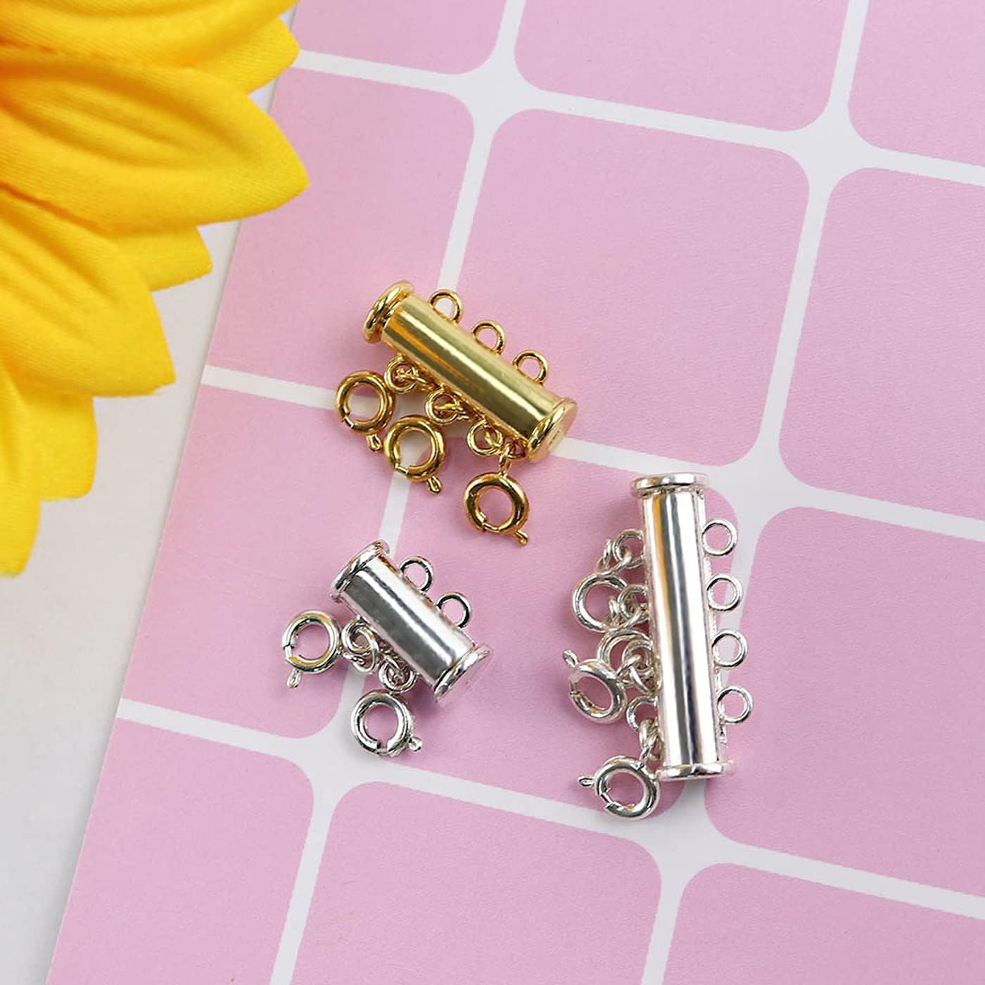 kcctoo 4 Pieces 2 Sizes Slide Clasp Lock for Necklace - Gold and Silver Plated Magnetic Tube Lock Connectors for Layered Bracelet Jewelry Multi Strands Crafts Necklace Spacer Clasp (4PC)