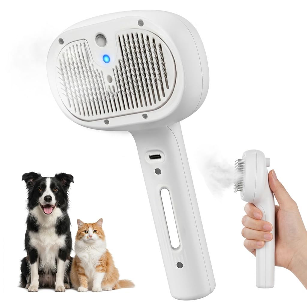 Cat Dog Grooming Brush with Release Button,Pet Steam Comb for Short Long Haired Cats,USB Rechargeable, Pet Spray Brush Self Cleaning for Shedding Cats Dogs Rabbits Loose Fur and Massage
