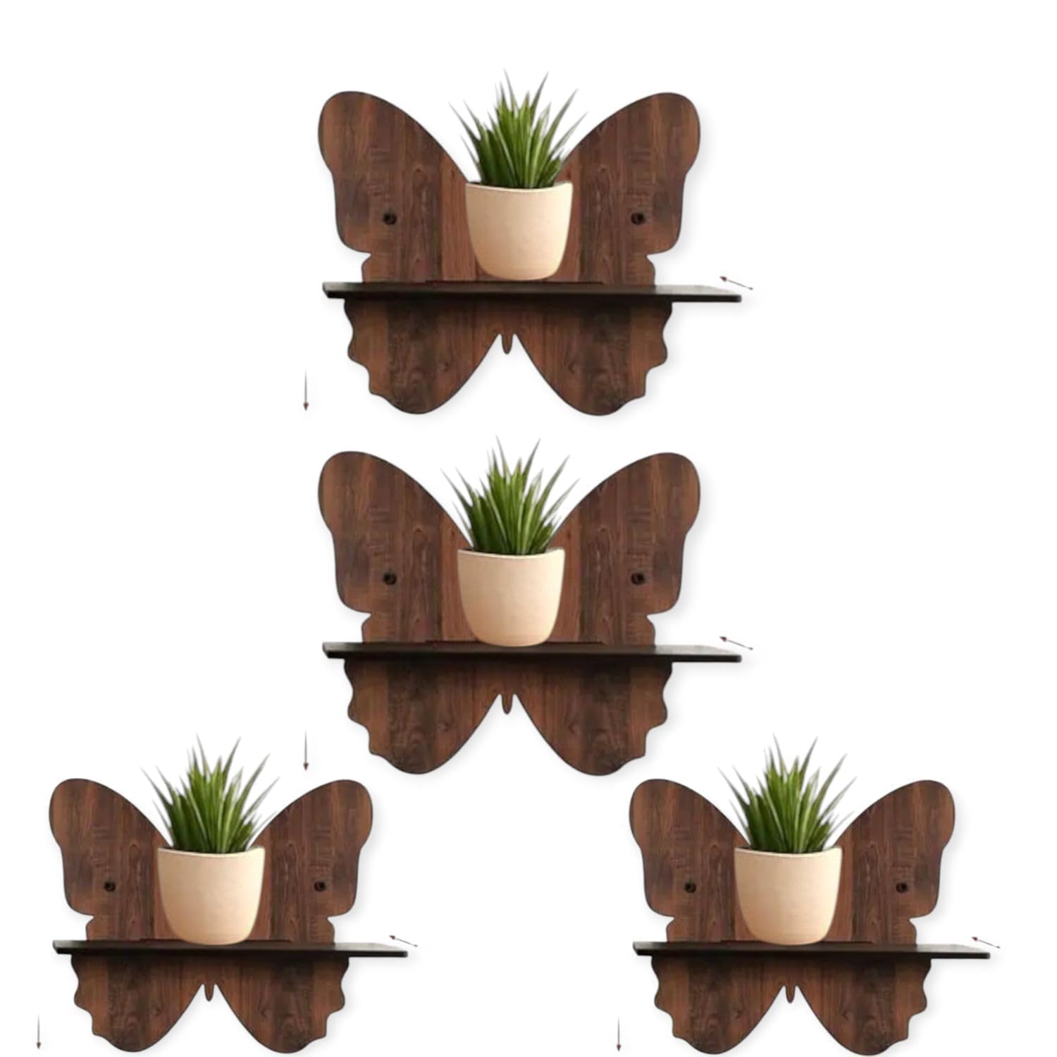 DL Comfort Butterfly Wall Mounted Planter Holder Set of 4, Wooden MDF Decorative Indoor Plant Shelf Stand, Brown Finish, Diamond Shape (Brown, Pack of 4)-image-4