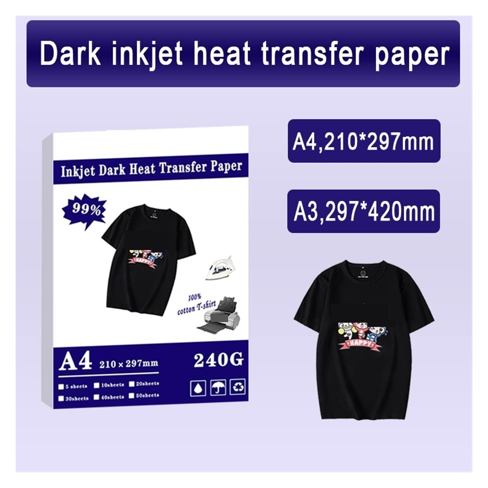 A3 A4 żelazko na T Shirt papier termotransferowy na ciemny kolor 100% tkaniny bawełniane tkaniny druk atramentowy projekt na prezenty dla majsterkowiczów Lucky (Color : A4 dark 10 sheets)
