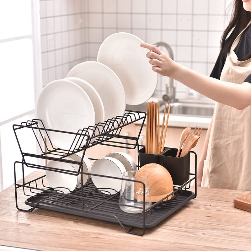 Abtropfkorb abtropfgestell klein 2-lagiges Abtropfgestell Mit Tellerabtropfgestell Und Abtropfschale Und Besteckkorb, Metalldrähte, Platzsparend Geschirr abtropfgestell spüle(White)