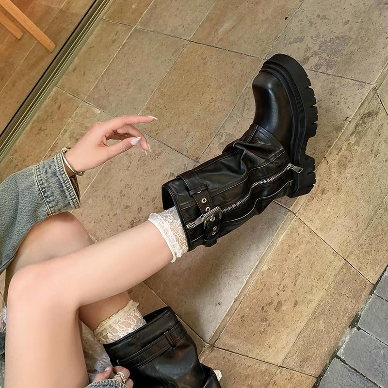 YIYA Women's Platform Fold Over Biker Mid Calf Boots Belt Buckle Square Toe Chunky Heel Zipper Short Motorcycle Ankle Combat Boots - Image 3