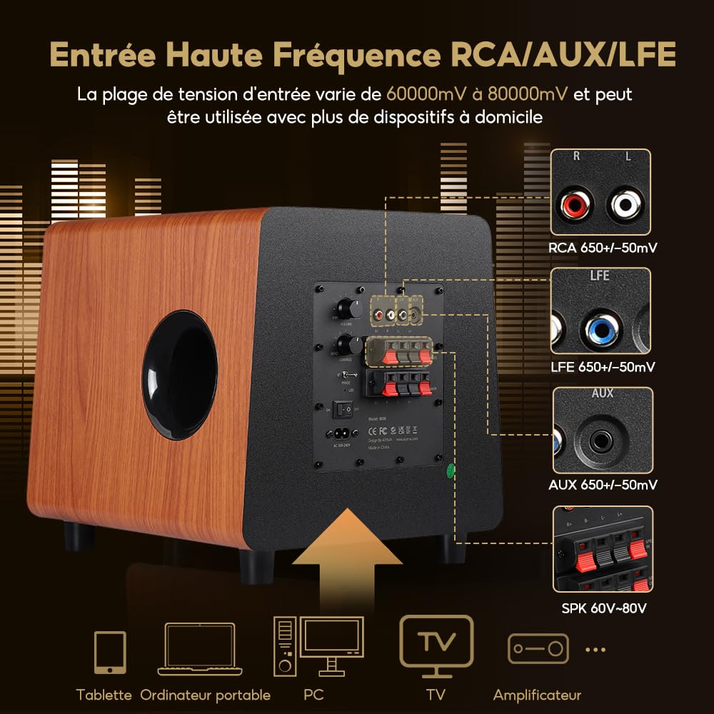 AIYIMA 800X Caisson de Basses Actif 8", 100W RMS, 30–300 Hz, Réglage Volume/Filtre Passe-Bas/Phase, Entrées RCA/AUX/LFE, Caisson MDF Anti-Résonance pour Home Cinéma & HiFi