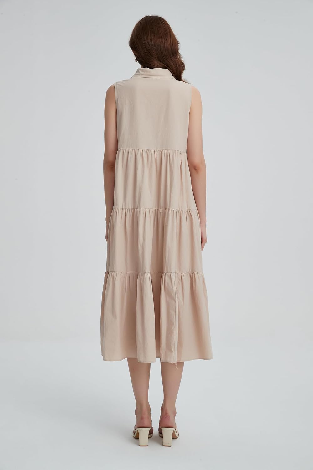 Womens Summer Button Down Maxi Shirt Dress Sleeveless Collared V Neck Tiered Flowy Midi Dress - Image 2