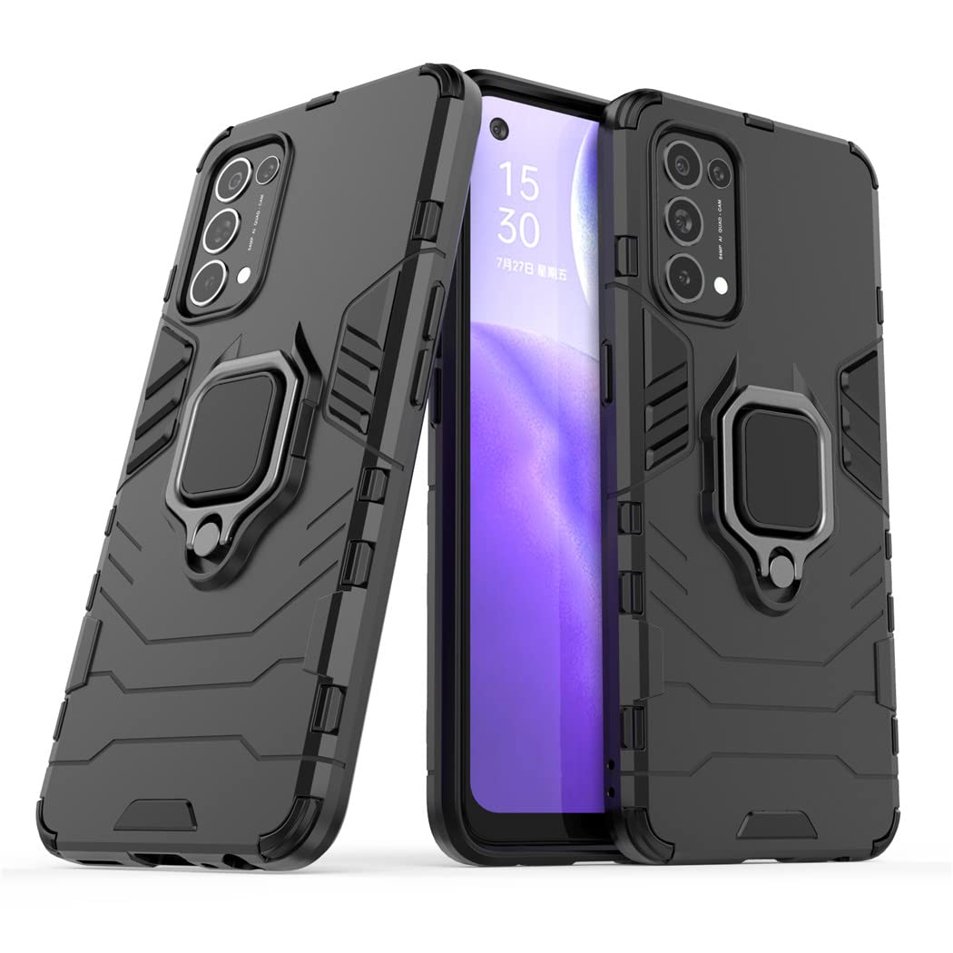 Compatible with Oppo Reno 5 5G, Oppo Find X3 Lite Case, Metal Ring Grip Kickstand Shockproof Hard Bumper (Works with Magnetic Car Mount) Dual Layer Rugged Cover (Black)