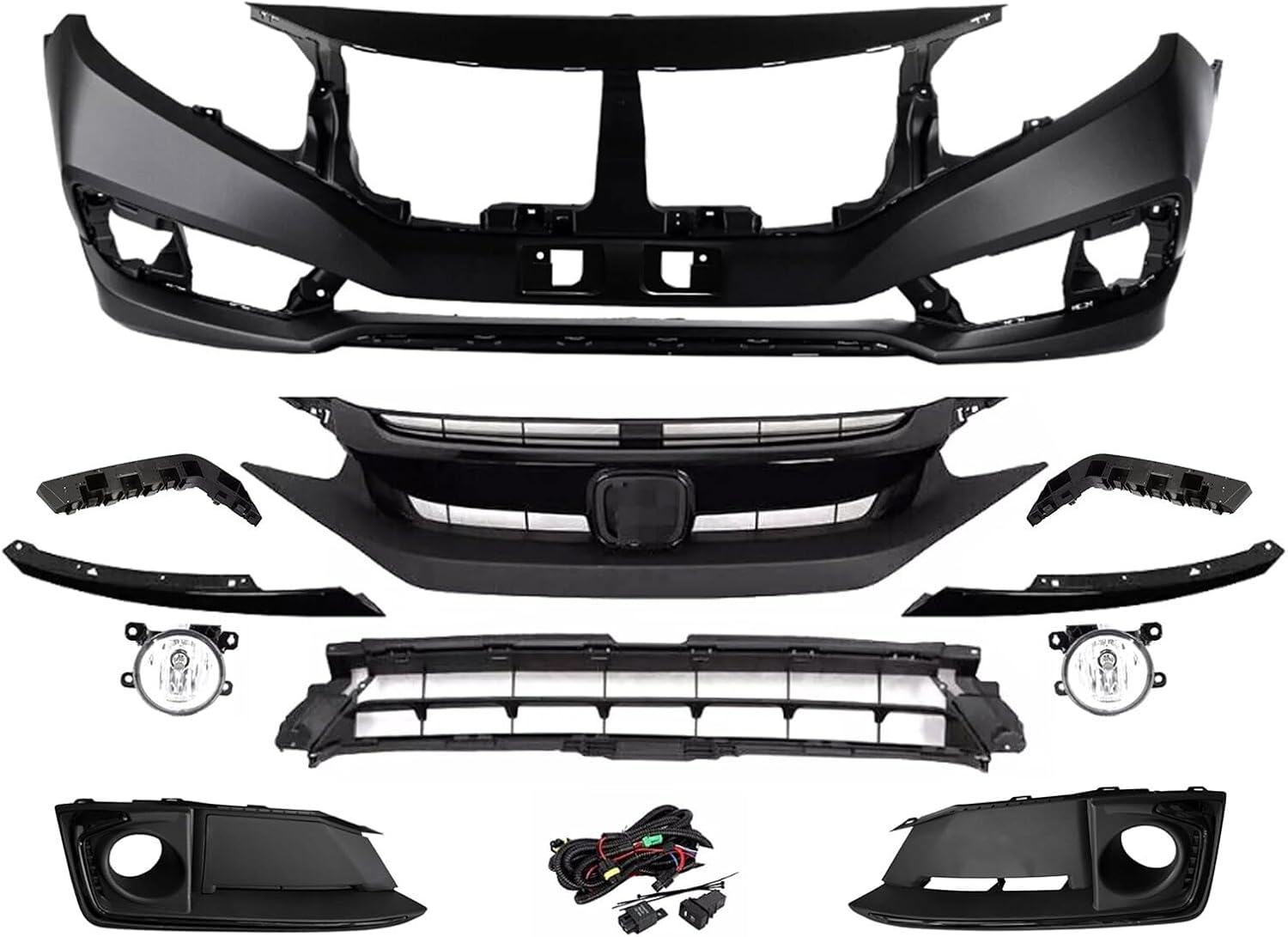 MGWILL Front Bumper Cover Kit Compatible with 2019 2020 2021 Honda Civic LX, EX, Sport, Touring Sedan Coupe 1.5L 2.0L W/Upper Grille Lower Grill & Fog Lights - Full Body Set