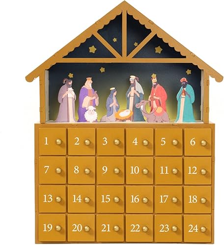 JETEHO Calendario de adviento de Navidad de madera, calendario de adviento iluminado con 24 cajones de cuenta regresiva para Navidad, calendario de