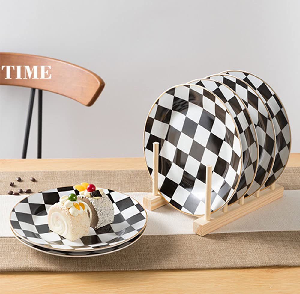 Lot de 4 assiettes à dessert rétro en céramique Motif damier Noir/blanc
