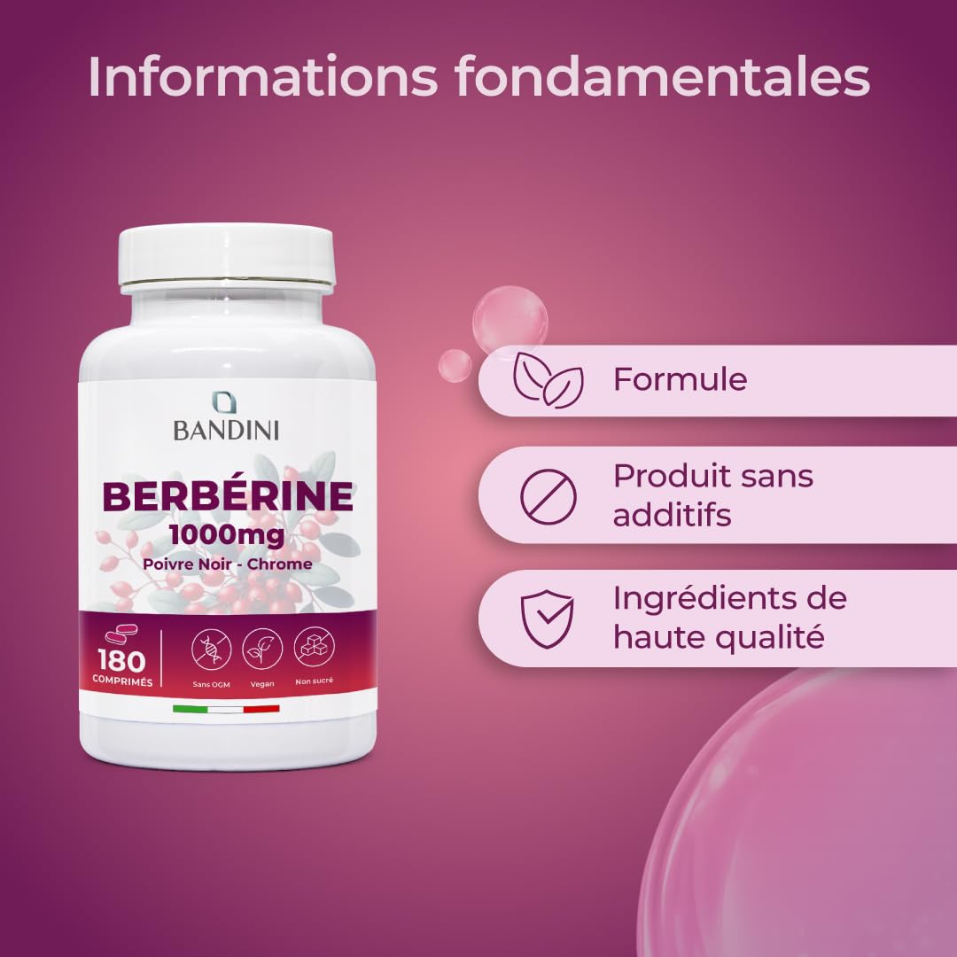 Bandini® Berberine 1000mg pure haut dosage | 180 comprimés de Berberin HCl | Berberis Aristata 97% + Chromium et Poivre noir | Absorption maximale | Fonction digestive, hépatique, intestinale