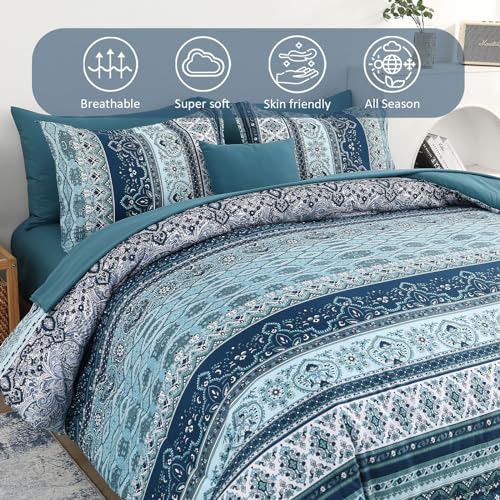 Image of Cottolester Boho Comforter Set King Size 8 Pieces, Teal Blue Comforter Bohemian Striped Bed in A Bag, Soft Microfiber Bedding Set for All Seasons