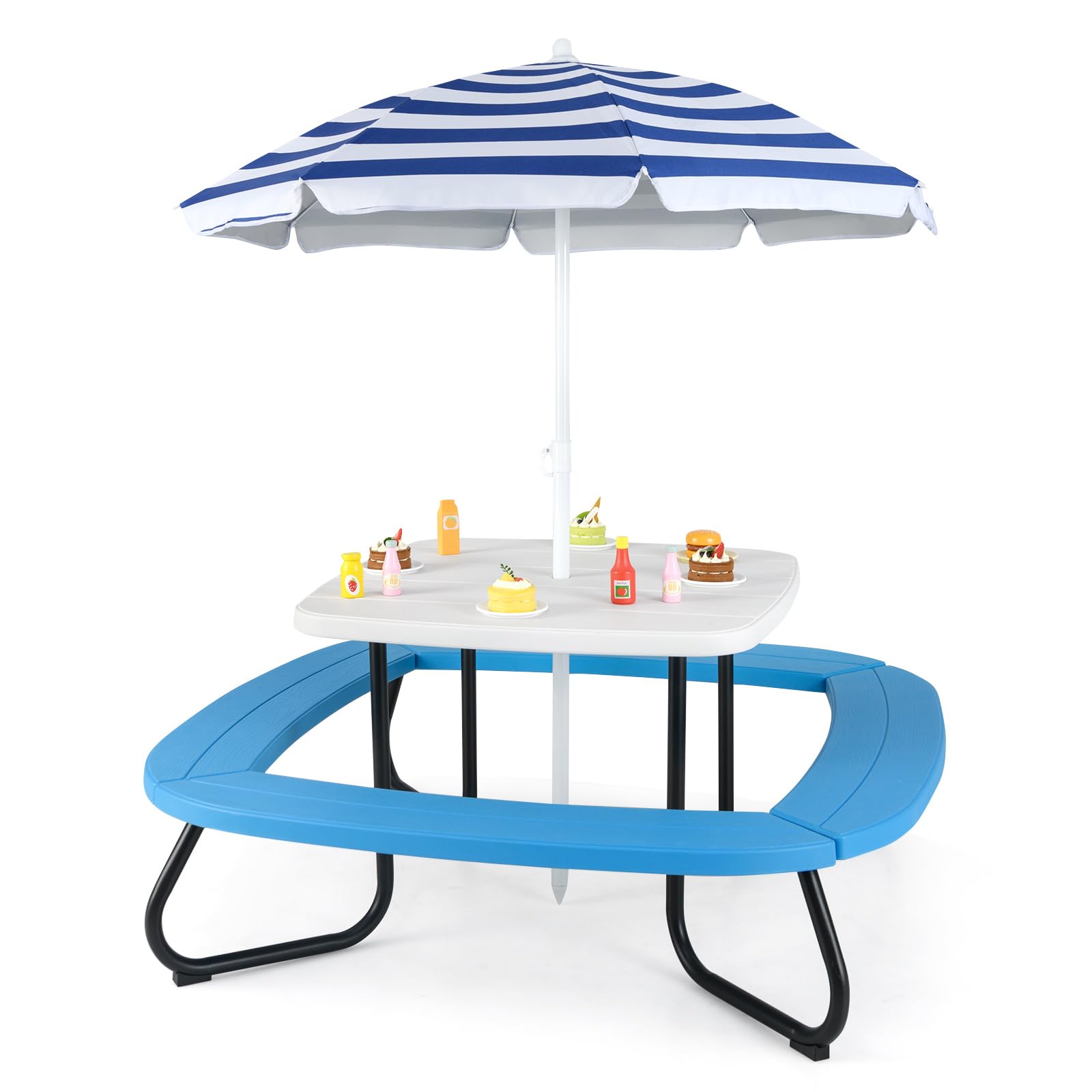 COSTWAY Kids Picnic Table, 8 Person Toddler Outdoor Table and Chair Set with Removable & Adjustable Umbrella, Children Garden Furniture for Backyard Patio Yard (Blue+White)
