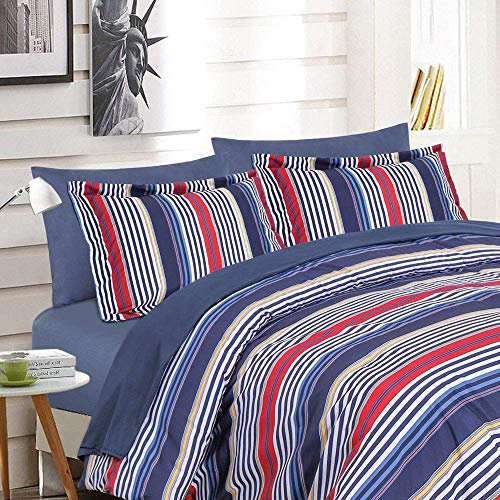 Image of EMME Queen Comforter Set-Bed in A Bag Striped, 7 Piece Navy Red Bedding Sets Queen Size with Sheets, Full Size Comforter, Pillowcases&Shams, Soft Down Alternative Bed Set for All Season