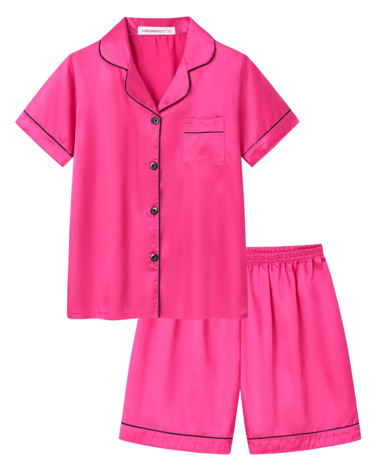 UNICABBIT21 Satin Summer Pajamas for Big Girls Unisex Kids Silk Button Down Short Sleeve & Shorts PJS Size 8-16