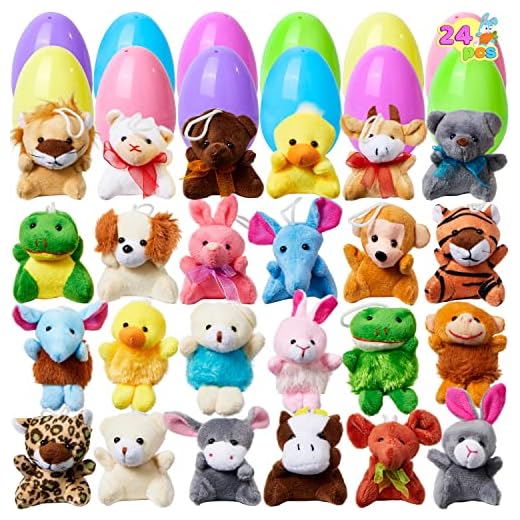 JOYIN 24 Pack Prefilled Easter Eggs of Mini Stuffed Animal Plush Toys Easter Baster Stuffer for Kids Easter Egg Hunt Filler Stuffer