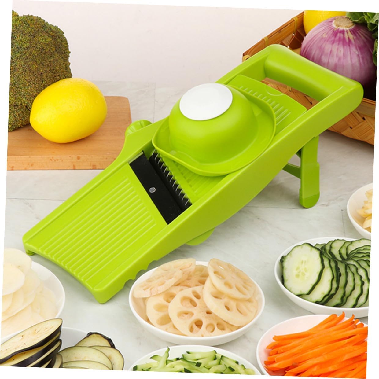 FRCOLOR Manual Potato Grater and Vegetable Slicer Kitchen Tool with Green Handle Multipurpose Handheld Mandoline for Easy Food Prep and Vegetable Shredding