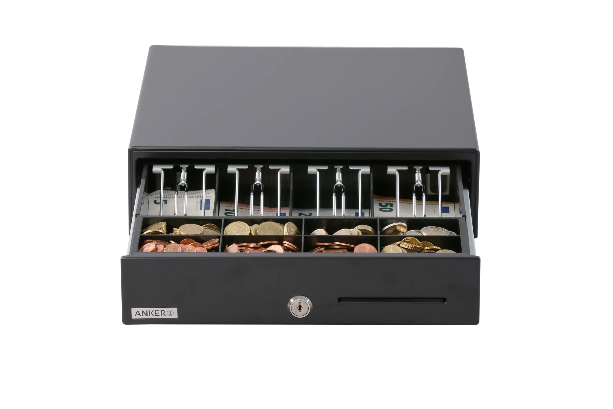 ANKER MDZ13 - Cassetto porta denaro in acciaio, con fessure per inserto, 8 monete e 4 scomparti per banconote, RJ12, per POS e casse