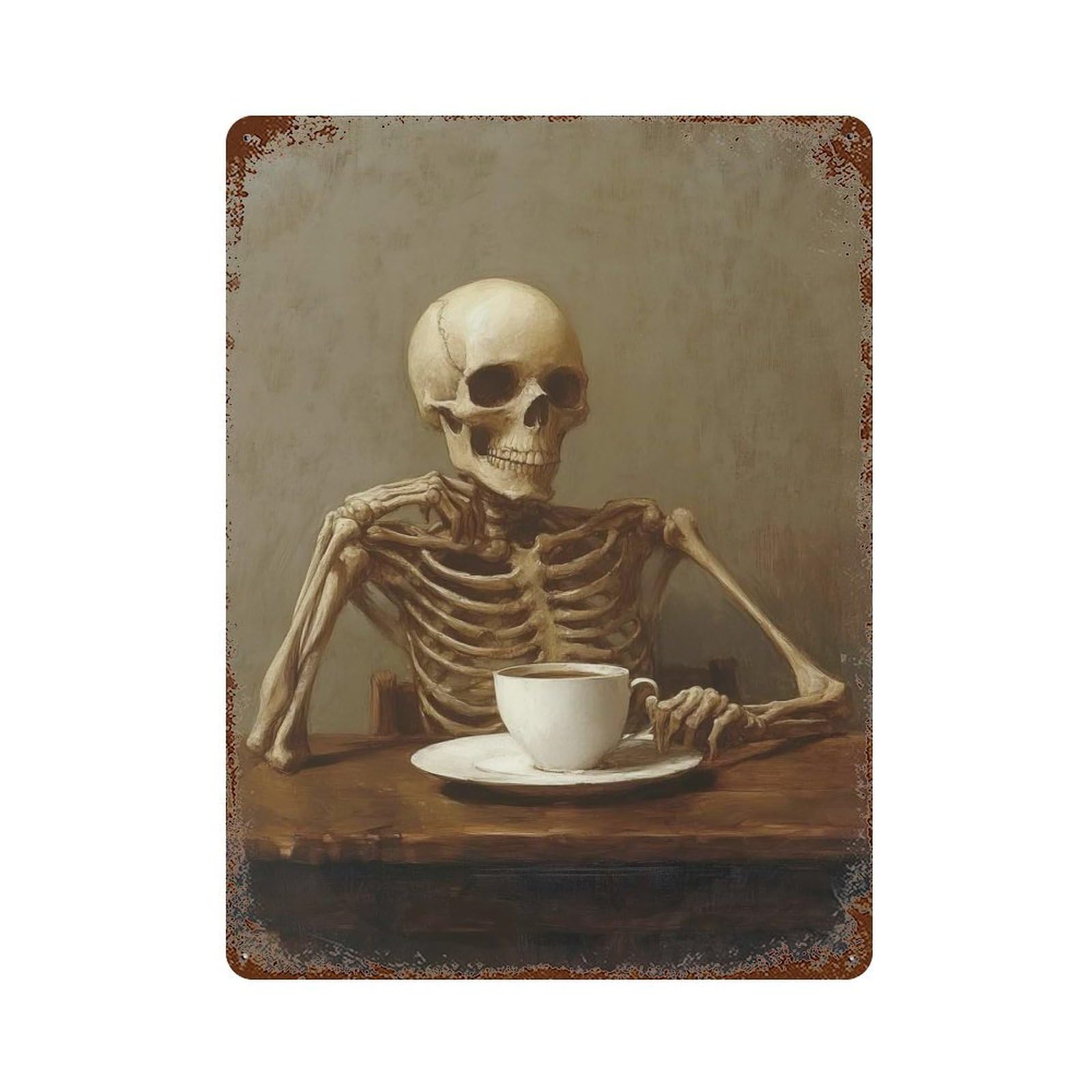 Skeleton with Coffee Rustic Tin Plaque 15.7"x11.8", Novelty Wall Decor for Garage, Pub Or Kitchen