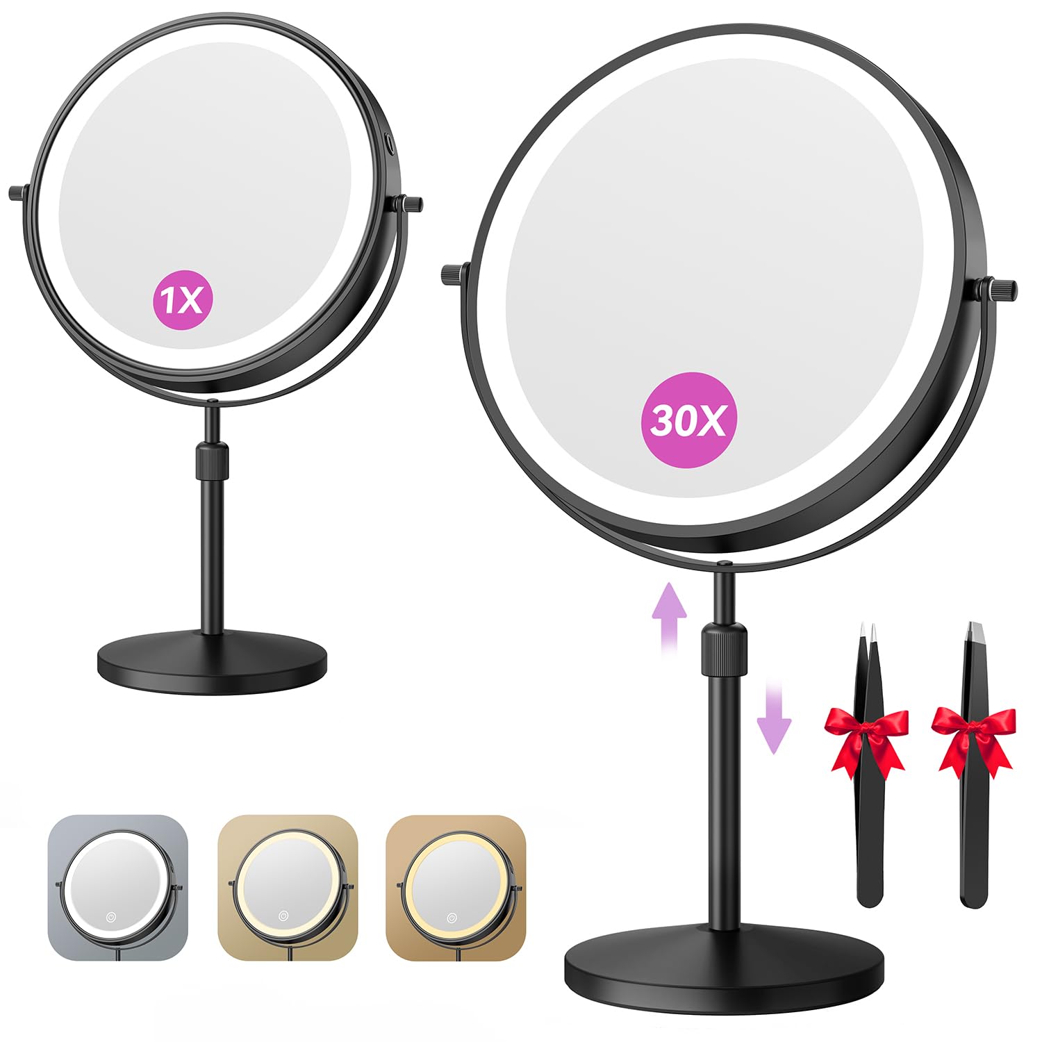 Auxmir Miroir Grossissant Lumineux 5000 mAh, Hauteur Réglable, Noir