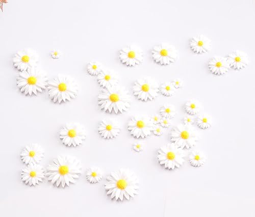 Miniatura 6 de sowaka 50 piezas de adornos de resina de margaritas con parte trasera plana, varios tamaños, lindos dijes vintage elegantes de flores para hacer