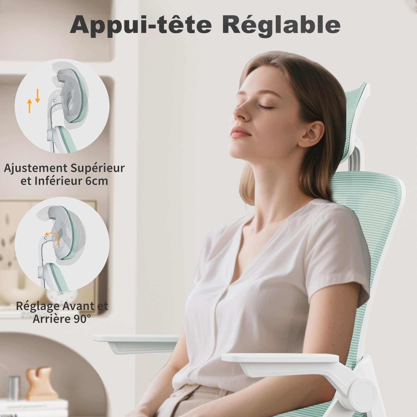 naspaluro Chaise de Bureau Ergonomique avec Accoudoirs Rabattables à 90° (avec Appui-tête, Blanc- Vert)