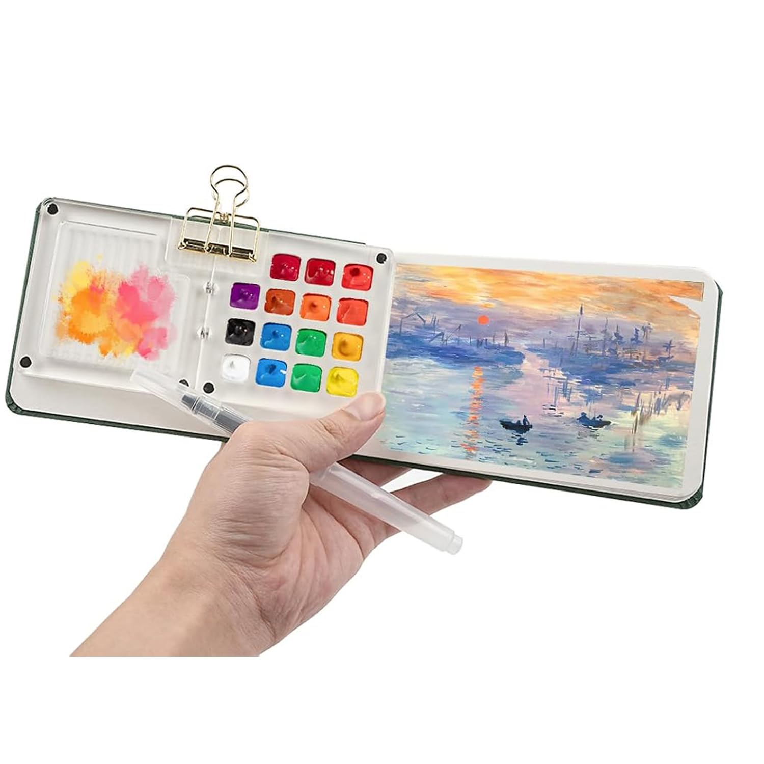 Mini-Reise-Aquarell-Set, Taschenkünstler, Aquarell-Reiseset, Gitterpalette, Skizzenbuch mit Binder-Clips, Kunstmalerei-Set für Maler, Künstler, Studenten