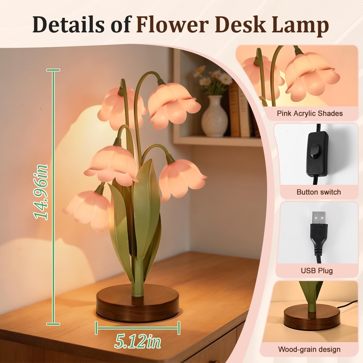 Flower Table Lamp for Bedroom, LED Cute Reading Light image 3