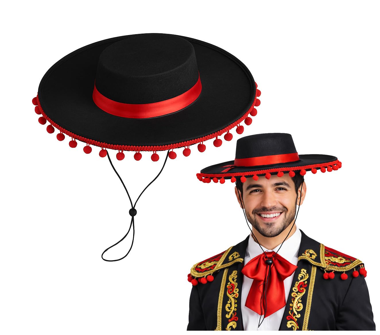 Black Bullfighter Hat Spanish Matador Sombrero with Red Trim, Mariachi, Flamenco, Charro, Da de los Muertos, Fiesta, Halloween, Fancy Costume for Men & Women