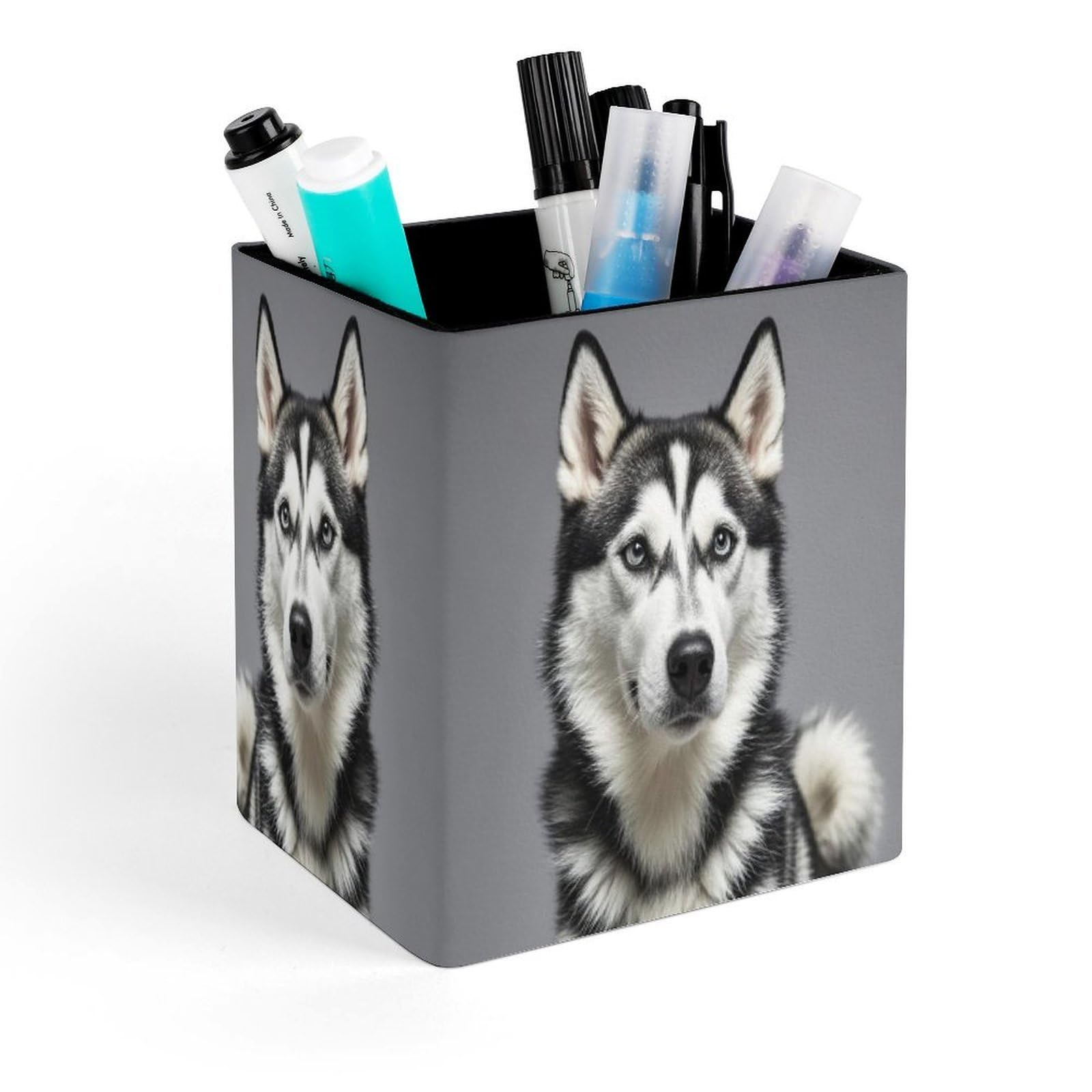 FekiLoot Husky Dog Pencil Holder for Desk Square Leather Pen Holder Cup Desktop Organizer Multi-Functional Pencil Cup Holders Modern Decorative Desk Organizer Caddy Makeup Brush Holders