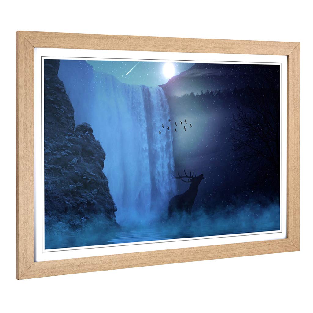 Big Box Art Framed Print of Hirsch Waterfall with Stag Landscape Design | Wall Art Picture | Home Decor for Kitchen, Living Room, Bedroom, Hallway, Oak, A2 / 24.5x18 Inch / 62x45cm