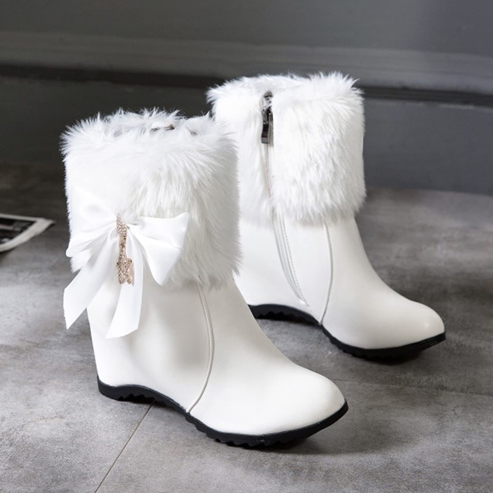 Scarpe Donna Stivali 2026 Cerniera Laterale Decorativa con Fiocco in Pelle Moda all'Interno Corti Cotone Tacco A Zeppa Anfibi Neri Pelo
