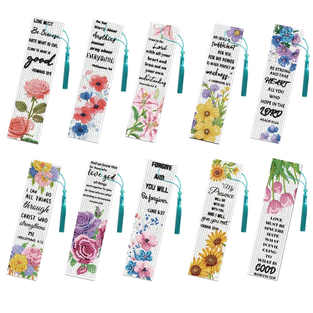 beinkmake 10Pcs Bible Verse 5D Diamond Art Bookmarks Flower Inspirational Diamond DIY Painting Bookmarks Rhinestones Beaded Acrylic Tassel Bookmark for Adult Beginner Crafts