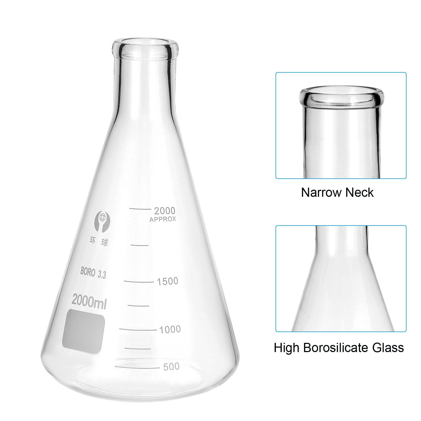 PATIKIL Erlenmeyerkolben 2 Stück 2000ml 67.6oz Schmale Öffnung Messkolben Borosilicatglas Mit Aufgedruckter Skala Für Laborversuche Chemie Wissenschaftliche Studien