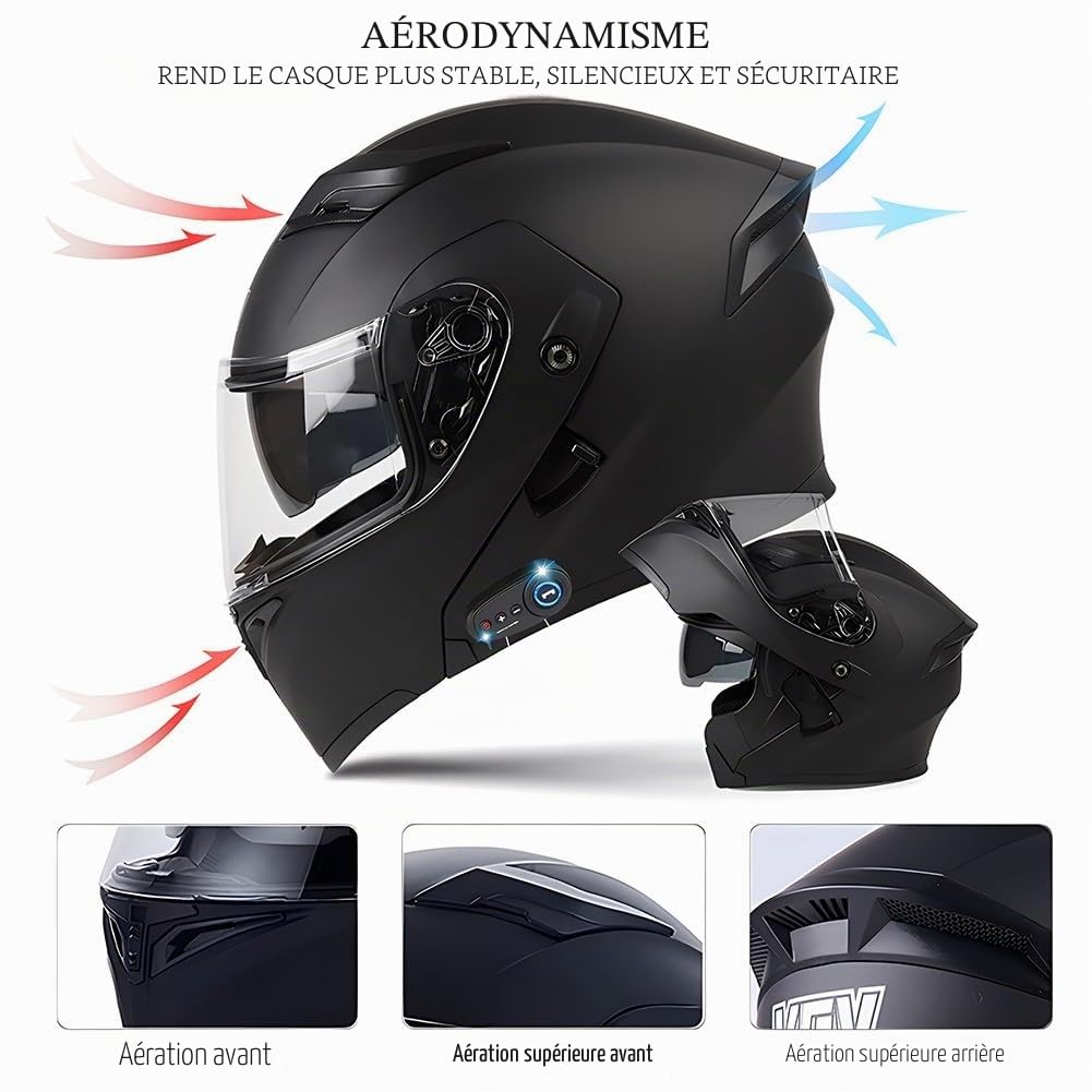 Casque Moto Homme Femme Casque Moto modulable Double Visière Adultes Casque Bluetooth Modulable Moto Intégral pour Scooter Chopper Homologué ECE - Casque Street Cyclomoteur Racing