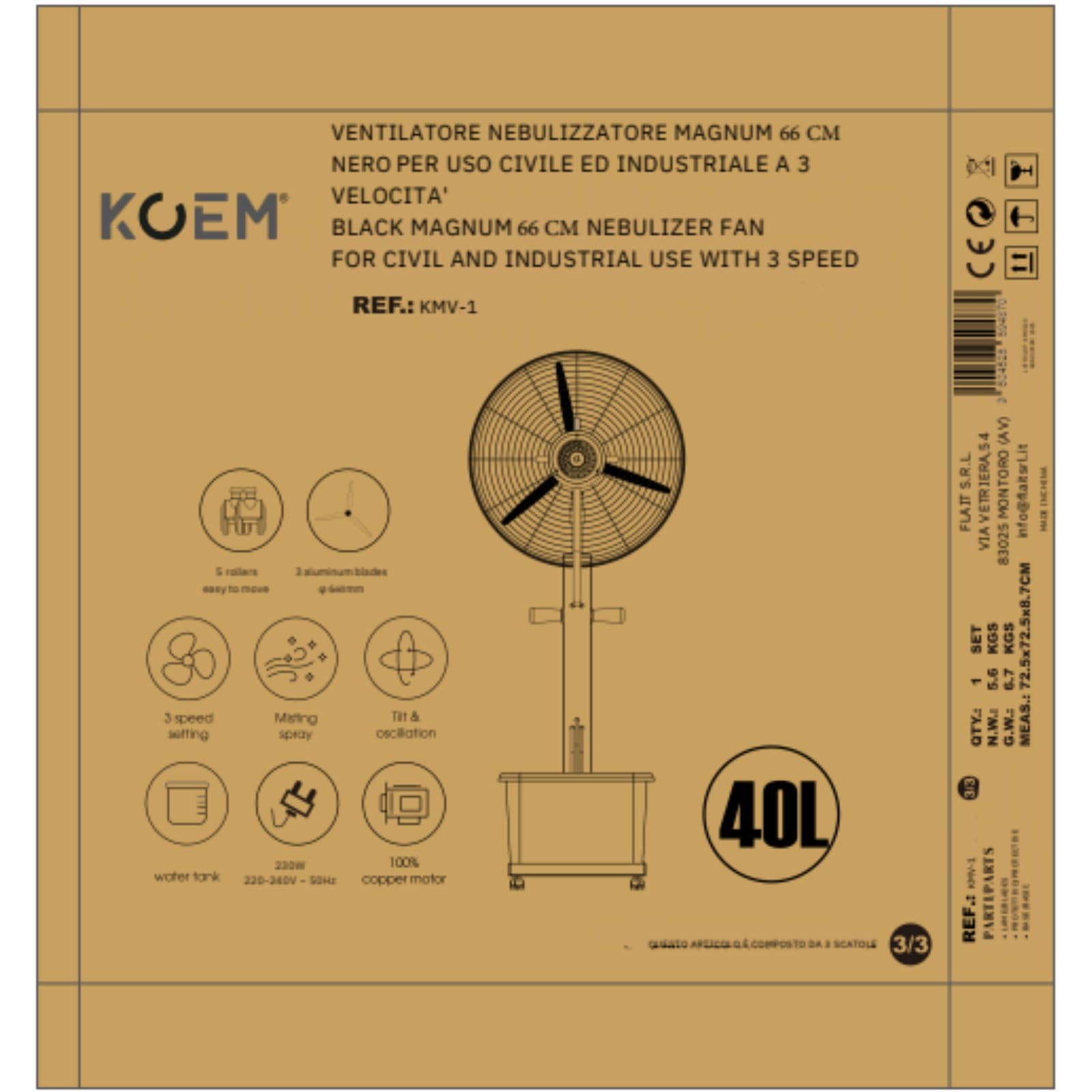 Ventilatore Nebulizzatore Magnum Nero Ø 66 cm a Piantana | Elettrico, Oscillante, Raffrescatore Lunga Distanza, 3 Velocità con Serbatoio e Ruote, Uso Civile e Industriale