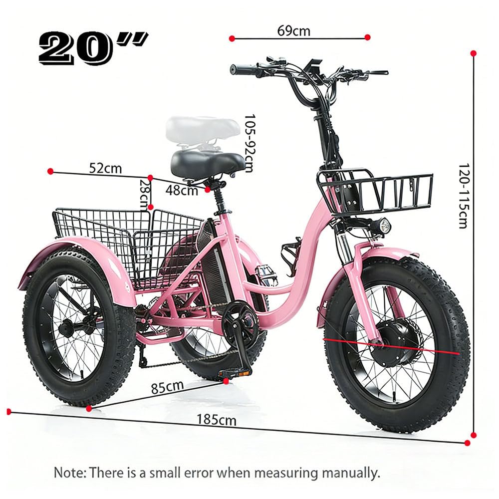 Tricycle électrique Adulte à Assistance électrique, pneus Tout-Terrain Larges 20 x 4, 2 paniers de Rangement, Selle réglable, Confort Optimal, Charge maximale 200 kg, vélo électrique à 3 Roues, Rose