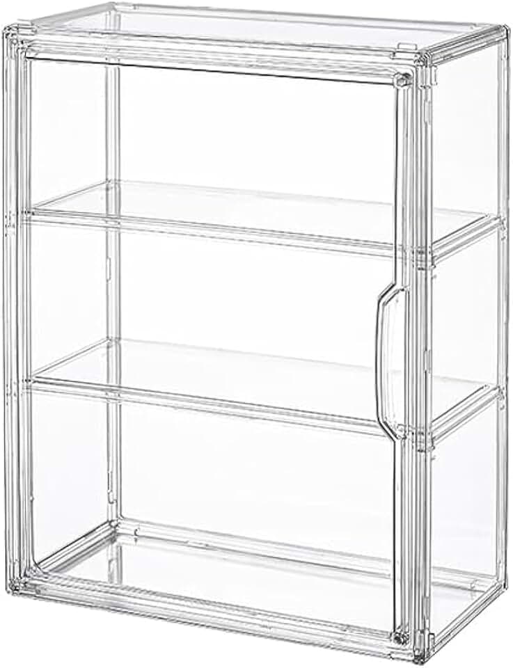 Vitrine transparente de 3 camadas para figuras, caixa organizadora de armazenamento em acrílico com porta magnética, vitrine à prova de poeira montada na parede para figuras de ação
