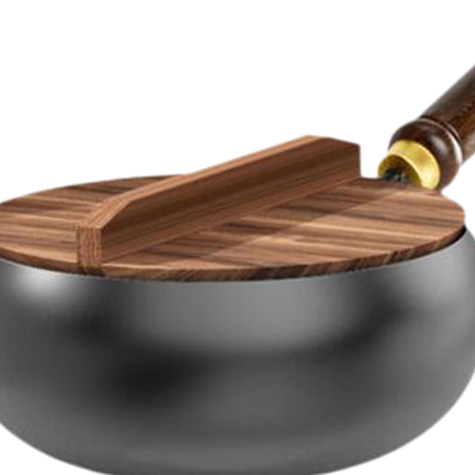 Padella wok cinese con manico ergonomico in legno, distribuzione efficiente del calore, stufatura e frittura in padella. Il wok cinese è adatto a, coperchio legno, 24 cm